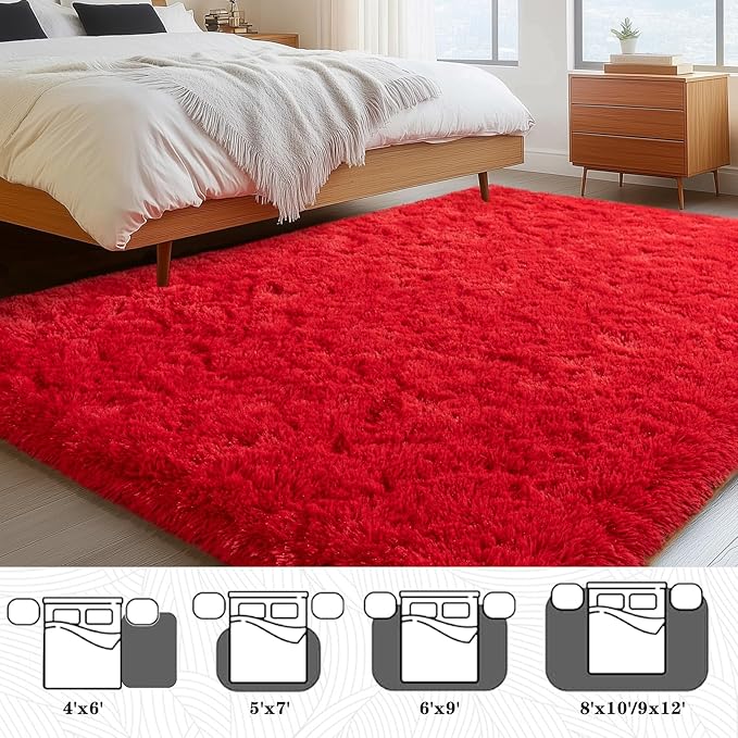 Red Rug 8x10 Carpet for Living Room, Soft Large Shag Rugs for Bedroom, Fluffy Fuzzy Modern Indoor Floor High Pile Area Rug for Kids Room Dorm Home Decor