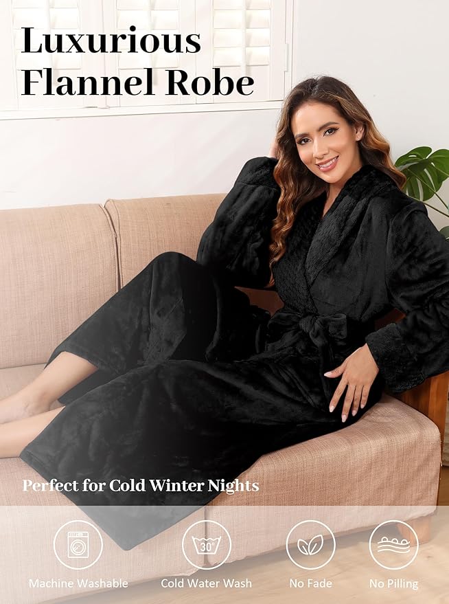 Artfasion Womens Long Fleece Robe - Warm Soft Floor Length Flannel Bathrobes for Winter Thicker Long House Coat with Pockets