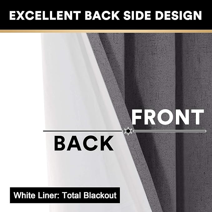 PrinceDeco Primitive Textured Linen 100% Blackout Curtains for Bedroom/Living Room Energy Saving Window Treatment Curtain Drapes, Burlap Fabric with White Thermal Insulated Liner (52 x 96 Inch, Grey)