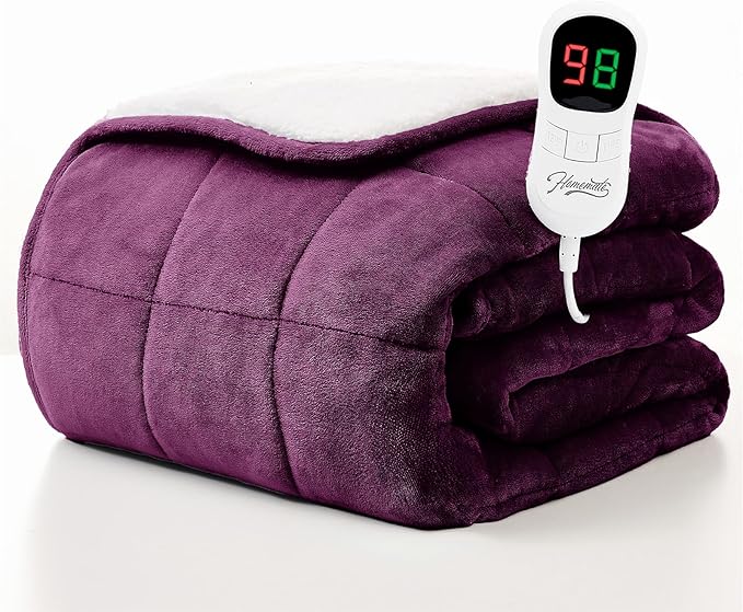Homemate Heated Weighted Blanket for Adults - 62"x84" 15lbs Electric Throw Fast Heating Heavy Blanket 1/2/4/6/8 Hour Auto Off 10 Heat Levels Over-Heat Protection Soft Flannel Sherpa