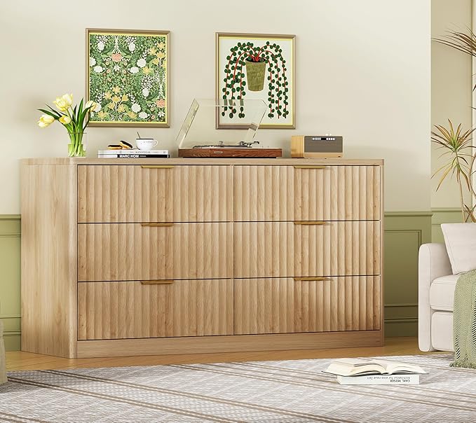 TEENFON Fluted 6 Drawer Dresser for Bedroom, Wide Modern Chest of Drawers with Metal Handle, Curved Profile Design, Wood Closet Clothes Storage Organizer for Bedroom, Living Room, Hallway, Natural