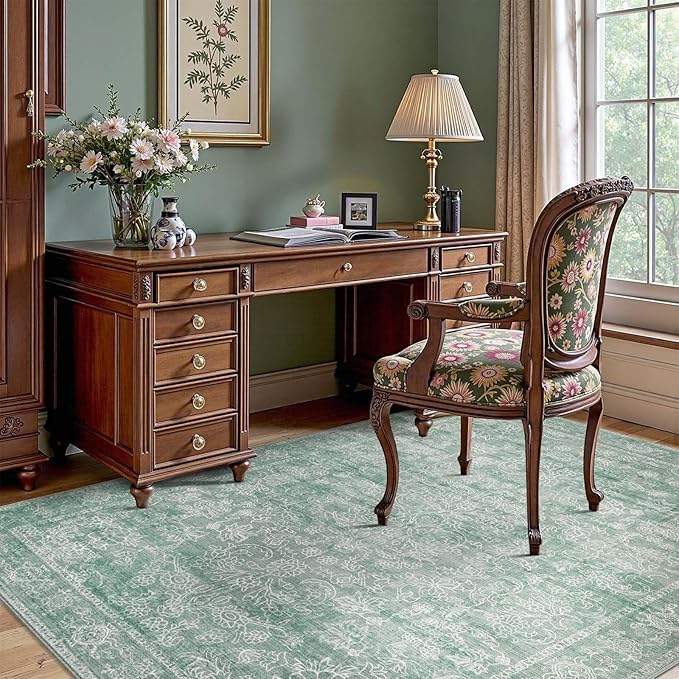 jinchan 8x10 Machine Washable Area Rugs for Living Room – Vintage Floral Soft Stain Resistant Low Pile Rug, Non Slip Ultra-Thin Carpet for Bedroom, Dining Room, Home Office, Nursery (8'x10', Green)