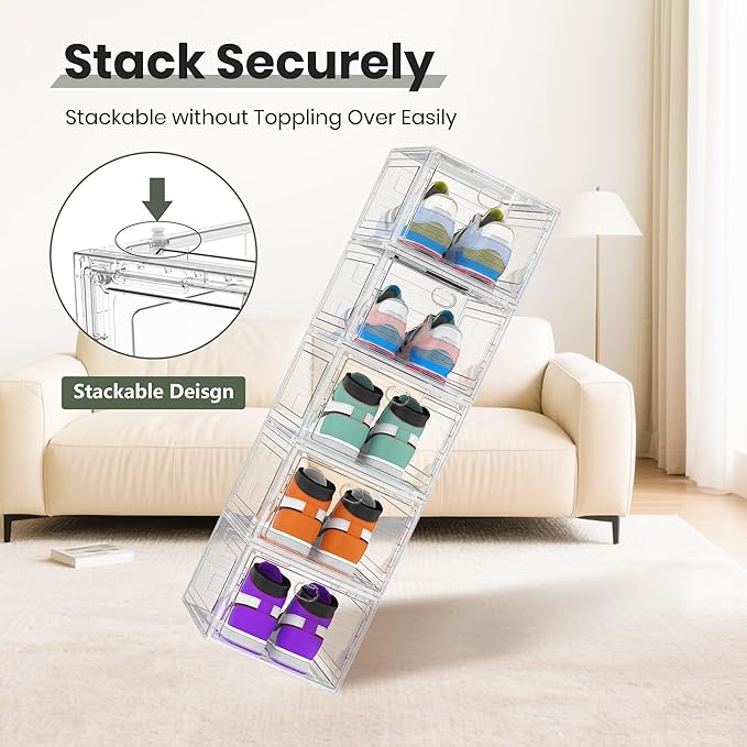 Thicken Hard Clear Shoe Storage Organizer for Closet, 12 Pack Modular Plastic Stackable Shoe Storage Box Organizer, Shoe Sneaker Rack Display Case Containers Bins with Lids, White