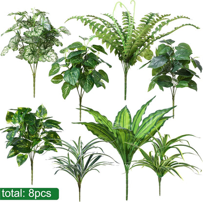Artificial Greenery Plants Fake Plastic Leaves with Stems UV Resistant Large Bunches Outside Faux Plants Bushes for Outdoor Patio Garden Front Porch Yard Decor (Green)