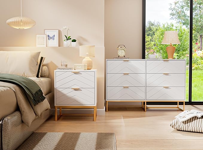 Anbuy 3 Pieces Bedroom Sets 6 Drawer Dresser and Nightstand Sets for Bedroom, Night Stand Set of 2 & 6 Drawer Dresser with Gold Handles, Morden Wood Chest of Drawers Storage Cabinet Set, White