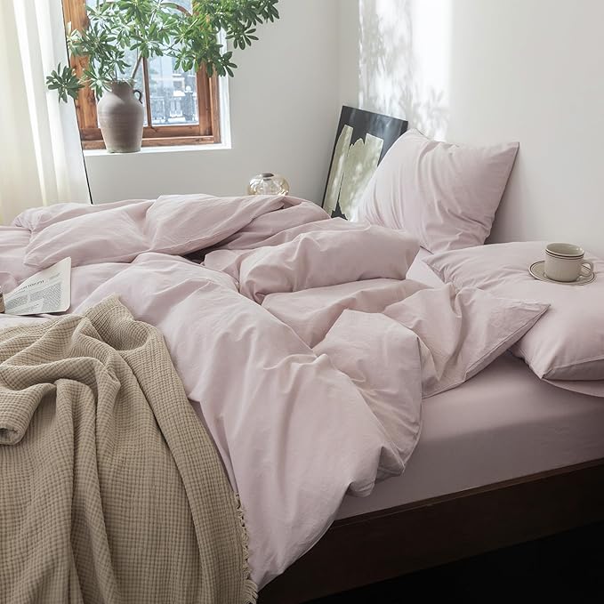 FOSSA Duvet Cover Set 100% Washed Cotton Linen Feel Super Soft Breathable Cozy 3 Pieces Bedding Sets Solid Greyish Pink Oversized King Plus