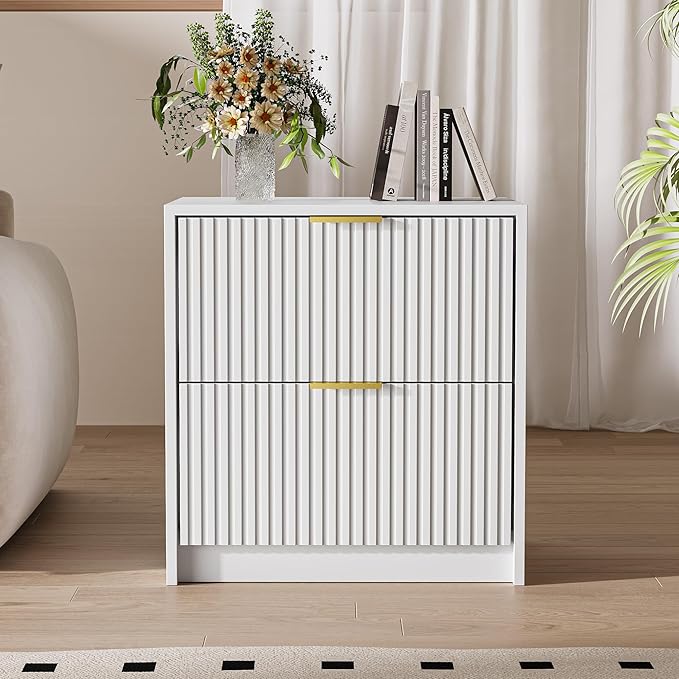 Set of 2 Fluted Nightstand with 2 Drawers, Modern Storage Bedside Table with Golden Metal Handles, Wooden End Table for Bedroom, White