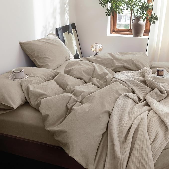 FOSSA Duvet Cover Set 100% Washed Cotton Linen Feel Super Soft Breathable Cozy 3 Pieces Bedding Sets Solid Tannish Linen Grey Oversized Queen
