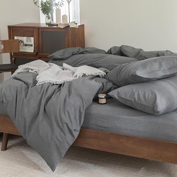 FOSSA Duvet Cover Set 100% Washed Cotton Linen Feel Super Soft Breathable Cozy 3 Pieces Bedding Sets Solid Dark Grey California King