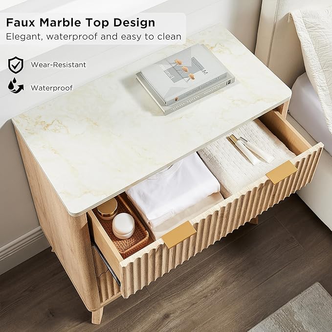 T4TREAM Fluted 3 Drawers Nightstand, Oversized Extra Large Modern Side Table with Faux Marble Top, End Table Bedside for Bedroom, Living Room, Curved Profile Design, Natural Oak | Fluted, Modern, 3 Drawers, with Storage, for Bedroom, for Living Room