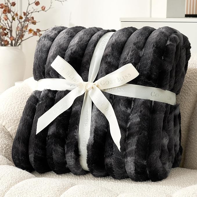 Cozy Bliss Faux Fur Throw Blanket for Couch, Cozy Warm Plush Striped Blanket for Sofa Bedroom Living Room, 50 * 60 Inches Tie-dye Black