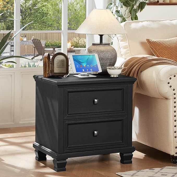 Farmhouse Nightstand with Charging Station, Rustic Low Night Stand with 2 Drawers, Mid-Century Modern End Table with 4 Square Solid Wood Legs, Small Dresser for Bedroom, Home, Black
