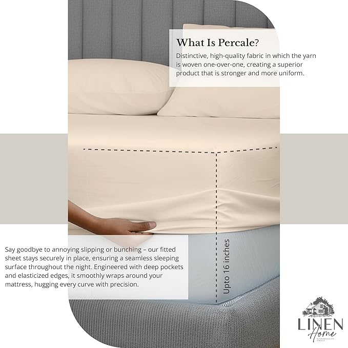 Linen Home 100% Cotton Percale Sheet Set, Full Size, Ivory, Deep Pocket, 6 Pieces Set - 1 Flat, 1 Deep Pocket Fitted Sheet and 4 Pillowcases, Crisp Cool and Strong Bed Linen
