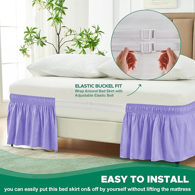 Biscaynebay Wrap Around Bed Skirts for Queen Size Beds 18" Drop, Lavender Adjustable Elastic Dust Ruffles Easy Fit Wrinkle Resistant Silky Luxurious Fabric Machine Washable