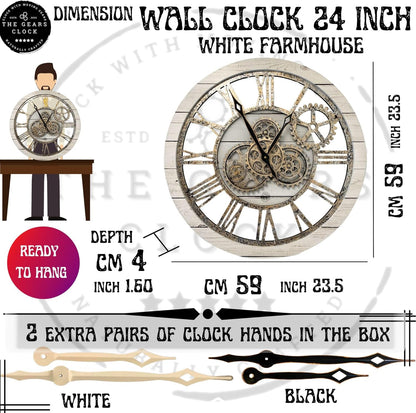 The Gears Clock The Original Real Moving Gear Wall Clock Vintage Industrial Oversized Rustic Farmhouse (24 inch (60cm),White Farmhouse)