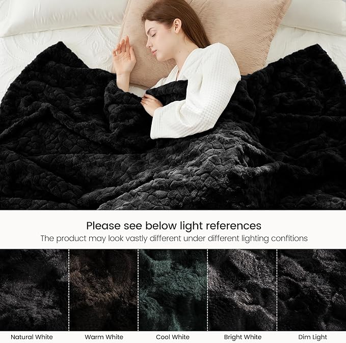 Cozy Bliss Faux Fur Throw Blanket for Couch, Fuzzy Soft Plush Thick Warm Fluffy Reversible Wave Textured Blanket for Sofa Bedroom Living Room, 55 * 70 Inches Black