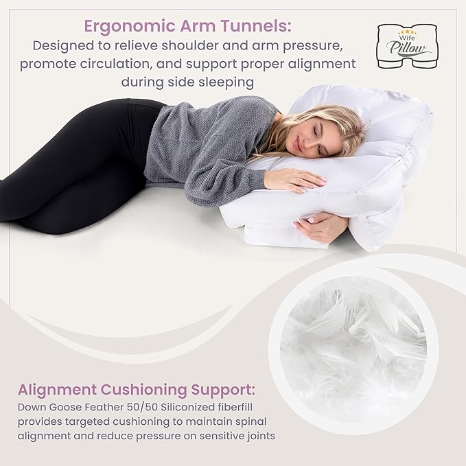 Wife Pillow the Side Sleeper Pillow with Arm Hole for Shoulder Pain - Arm Tunnel Pillow for Side Sleepers, Shoulder Relief & Neck Support Comfort Sleep Pillow for Adults - Down Goose Feather/FiberFill