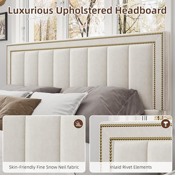 BarnFurin Full Size Bed Frame with 50" Tall Headboard and Footboard, Chenille Upholstered Platform Bed, Vertical Channel Tufting with Nailhead Trim, No Box Spring Needed, Easy Assembly, Beige