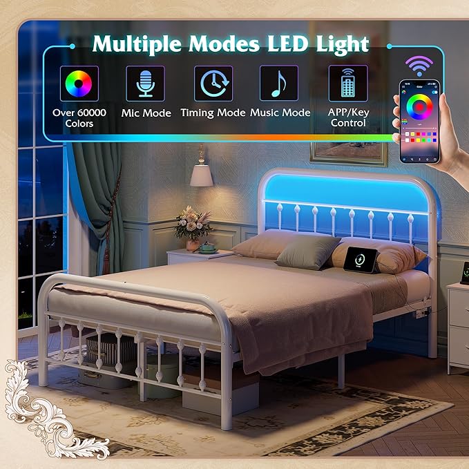 WLIVE Metal Platform Bed Frame, Full Size Bed Frame with Headboard, Bed Frames with LED Lights and Charging Station, 1500LBS Mattress Foundation, Under Bed Storage, No Box Spring Needed, White