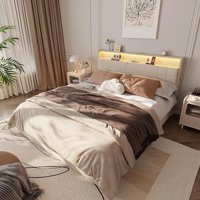 Forestell Queen Bed Frame with Headboard, Upholstered Platform Bed with 4 Storage Drawers, Built-in LED Lights & Charging Station, Metal Slats Support, No Box Spring Needed, Beige, Cama Queen Size