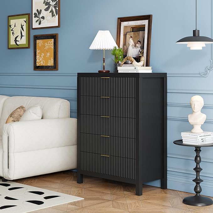 5 Drawer Dresser, 43" Tall Dresser Organizer TV Drawer Cabinet Modern Wood Storage Cabinet, Modern Wood Storage Cabinet for Bedroom, Hallway, Entryway, Black Oak X 2