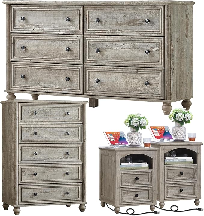 Farmhouse Dressers & Night Stand Set of 4, Wood 54" Wide Dresser & 45" Tall Chest of Drawers, 18" with Charging Station Nightstand Set of 2, Bedroom Furniture Dresser Set for Home Living Room Hallway