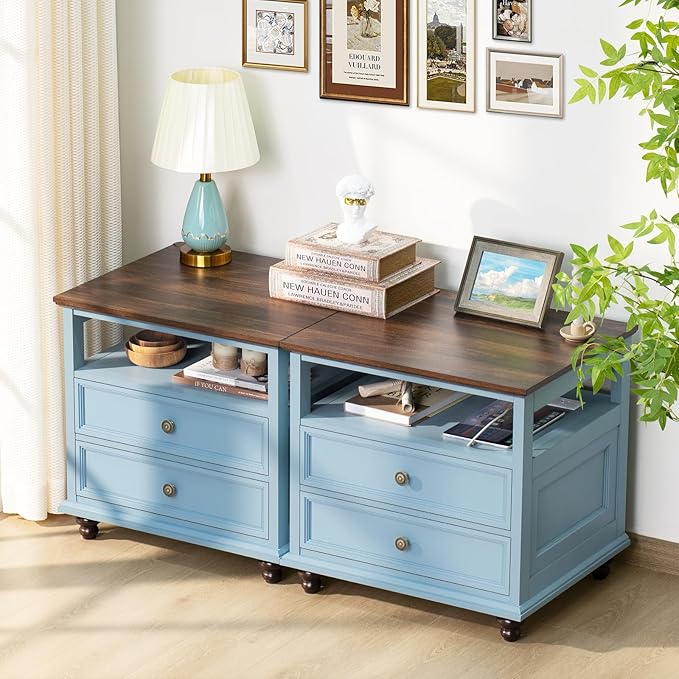 Farmhouse Nightstand with Charging Station, 24" Wide End Table with 2 Drawers, Light Blue Dresser for Bedroom,Wood Bed Side Table Chest of Drawers Cabinet,Night Stand for Living Room,Closet