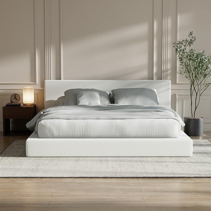 RECCI Cloud Upholstered California King Bed Frame with Headboard, 5 Inch Foam Padded Platform, No Box Spring, Easy Assembly (Snow White)