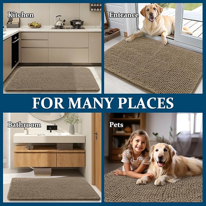 OLANLY Dog Door Mat for Muddy Paws 32x20, Absorbs Moisture and Dirt, Absorbent Non-Slip Washable Doormat, Quick Dry Chenille Mud Mat for Dogs, Entry Indoor Entryway Carpet for Inside Floor, Tan