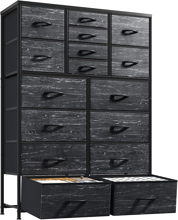 57“H Dresser for Bedroom with Drawers, Fabric Dressers & Chests of Drawers, Large Black Dresser with Sturdy Metal Frame, Wood Top,Entryway, Hallway