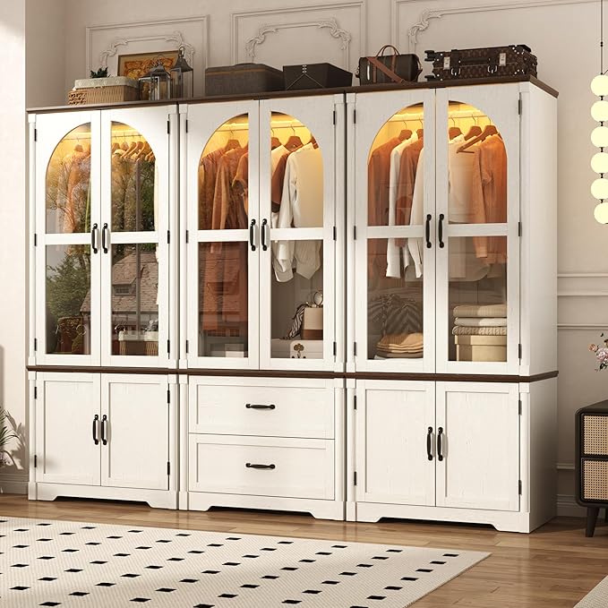 Tall Farmhouse 6 Doors Armoire Wardrobe Closet with LED ,72" Freestanding Arched Wardrobe Closet Cabinet for Bedroom w Glass Doors/Drawers,Wooden Clothing Storage Cabinet,Closets for Bedroom(White)
