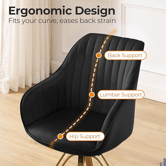 Zouron Swivel Accent Chair with Gold Metal Legs, Velvet Desk Chair Without Wheels for Living Room Bedroom Office, Black