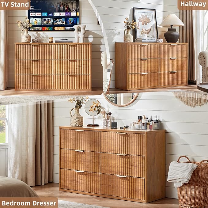 LEYAOYAO Fluted Dresser and 3 Drawers Nightstand Set of 2, Wood 48" Wide Dresser & 23" Night Stand with Charging Station, 3 Piece Bedroom Furniture Set, Chest of Drawers for Home,Living Room,Brown