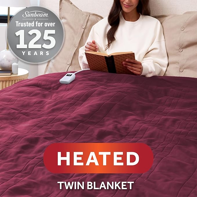 Sunbeam Electric Royal Luxe Microplush Heated Blanket, 12 Heat Settings, 12-Hour Auto Shut-Off, Fast Heating, Warm & Cozy, Machine Washable, Cabernet Color, Twin (84" x 62")
