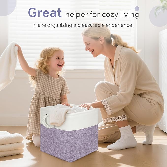 Large 11x11 Inch Cube Storage Bins with Cotton Handles for Closet, Shelves, Clothes, Towel (White/Purple-6 Pack)