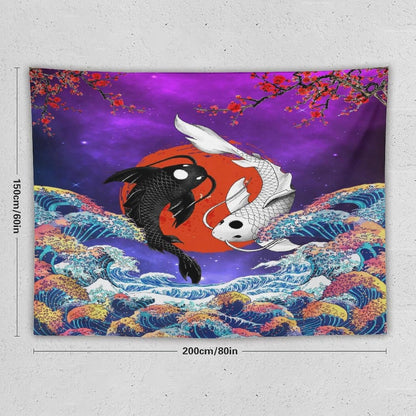Houselerax Japanese Koi Fish Tapestry, Yin Yang Big Wave Cherry Blossom Tapestries Wall Hanging for Bedroom Living Room Office Decor 80"x60"