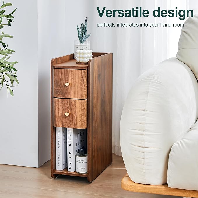 Narrow Nightstand Set of 2, Wooden Small 2 Drawer Nightstand, Slim Side End Table, Skinny Bedside Table, Mid Century Modern Night Stand with Drawers, for Bedroom (Walnut-2pcs)