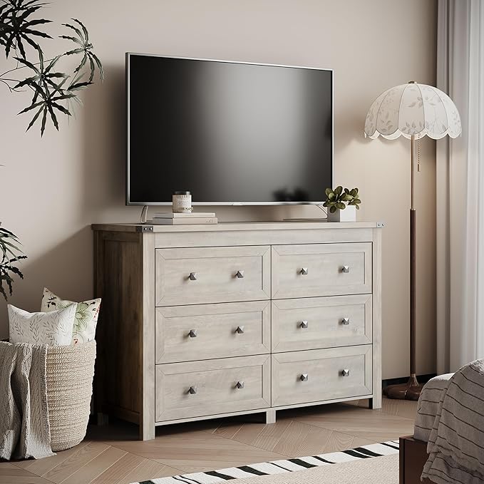 Dresser for Bedroom with 6 Drawers, Farmhouse Wood Chest of Drawers, Wide TV Stand Closet Storage Furniture with Metal Handle, Modern Clothes Organizer for Hallway, Living Room, Entryway, Light Grey