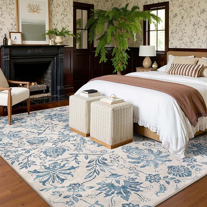jinchan Torino Floral 8x10 Area Rugs, Vintage-Inspired Design Accent Living Room Rug, Machine Washable Ultra-Thin Low-Pile Non-Slip Traditional Carpet for Bedroom Dining Room Home Office, Dark Blue