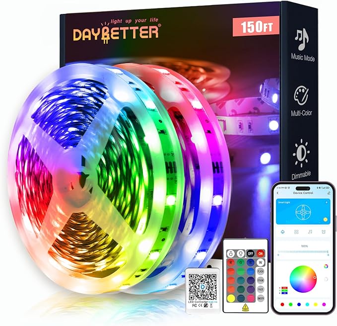 DAYBETTER 150ft Led Light Strips (2 Rolls of 75ft) with 24V Power Supply，Music Sync RGB Color Changing Lights for Bedroom, Desk, Home Kitchen Party Decoration with App & Remote Control