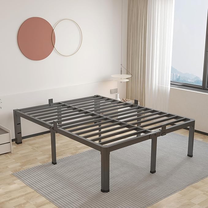 ROIL 12 inch California King Size Bed Frame Metal Platform No Box Spring Needed with Headboard Hole Round Corner Legs Mattress Retainers 3500LBS Heavy Duty Steel Slats Noise-Free Storage