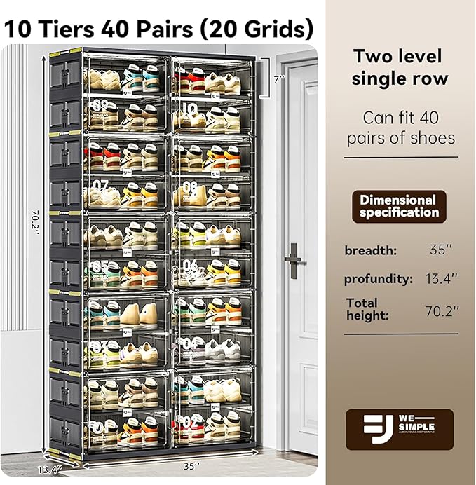 40 Pairs Portable Shoe Storage Cabinent of 3-Step Fast Installation,Plastic Shoe Box with Magnetic Clear Door for Entryway, Enclosed Shoe Rack for Sneaker, Heels etc.. (2Row, 10Tier)