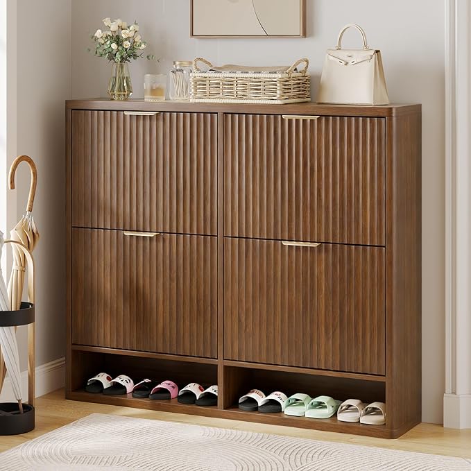 Fluted Shoe Cabinet Storage with 4 Flip Drawers, Narrow Shoe Storage Organizer for Entryway, Hidden Slim Wooden Shoe Rack Cabinet for Front Door Entrance, Hallway, Living Room (4-Drawer, Walnut)