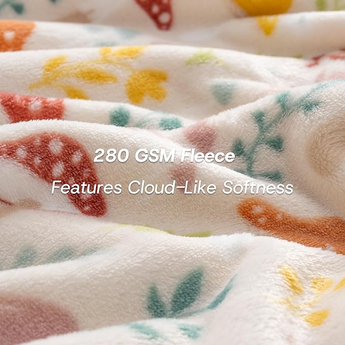 Luxury Printed Fleece Warm Blanket, Soft Lightweight Velvety Plush Throw for Couch and Bed, Cozy Comfy for All Seasons(Cream Various Mushrooms, 108×90 Inches)