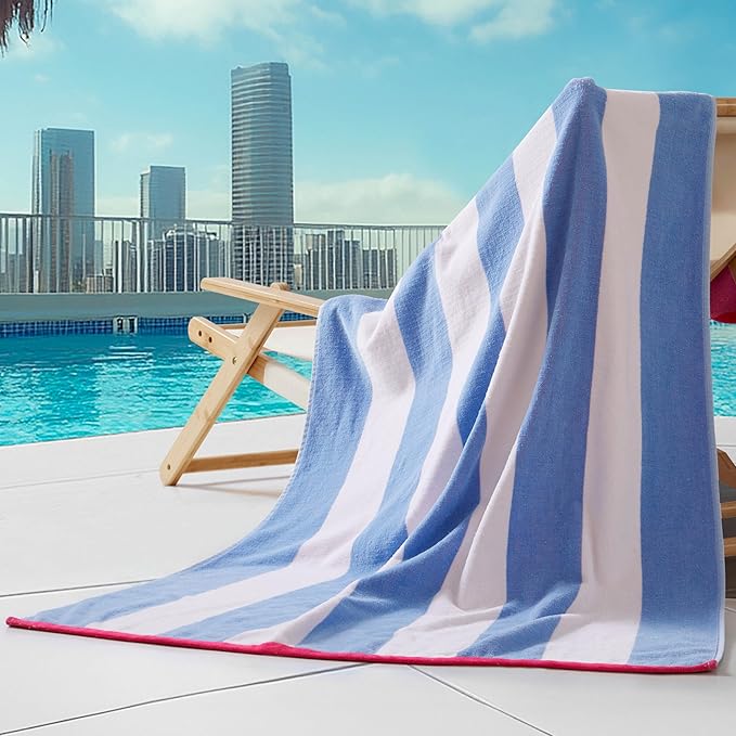 Juicy Couture Blue/White Hot Pink/White Reversible Cabana 36" x 72" 100% Cotton Oversized Beach Towel - Soft, Absorbent, and Quick-Drying, Perfect for Beach, Pool, or Travel