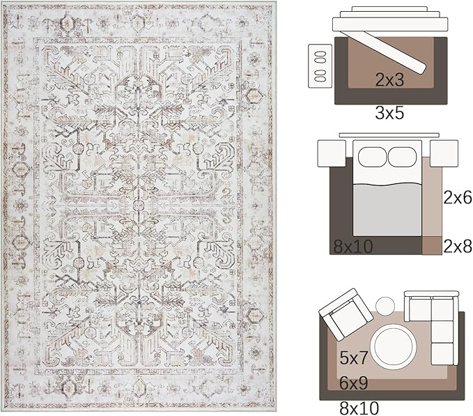 jinchan Lima 6x9 Area Rug for Living Room Washable Soft Throw Rug Ultra-Thin Stain Resistant Non-Slip Distressed Vintage Floral Large Carpet for Bedroom, Dining Room Home Office Nursery (6x9ft, Taupe)