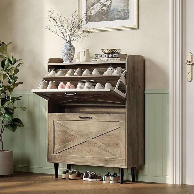 VINGLI Shoe Storage Cabinet for Entryway with 2 Flip Drawers, Ultra Slim Freestanding Entryway Shoe Organizer with Wood Tapered Legs,Hidden Closed Shoe Rack,31.6" W * 9.4" D * 39.4" H, Washed Gray