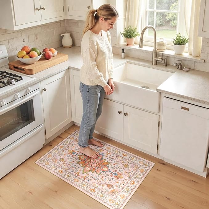 Area Rugs 2'x3' Washable Non-Slip, Floral Vintage Distress Print Pattern Medallion Carpet for Living Room Bedroom Dining Room, Light Pink Colorful