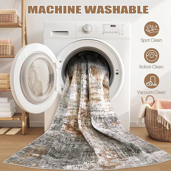 Washable Runner Rug for Hallway: 2.6x12 Neutral Modern Abstract Low Pile Area Rug with Non-Slip Backing - Carpet for Bedroom Kitchen Laundry Entryway Bathroom Indoor - Grey Brown