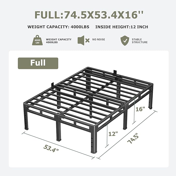 NKZ Full Size Bed Frame 16 Inch, Metal Bed Frame & Box Spring 2 in 1 Platform with Round Corner Legs, 4000lbs Weight Capacity Reinforced Metal Frame, Headboard Hole, Noise-Free, Easy Assembly